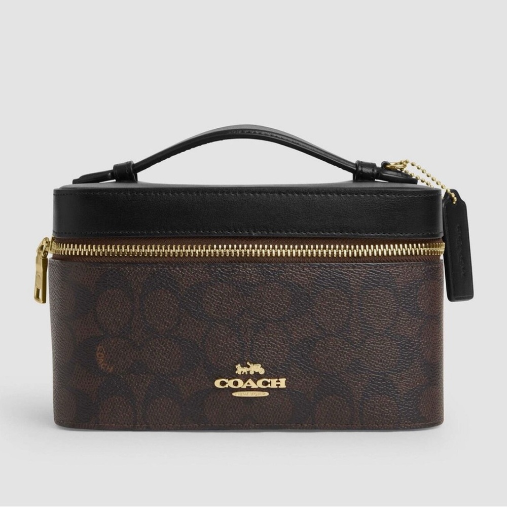 NWT Coach Cosmetic Case In Signature Canvas CW728 Walnut/ Black - Picture 1 of 11